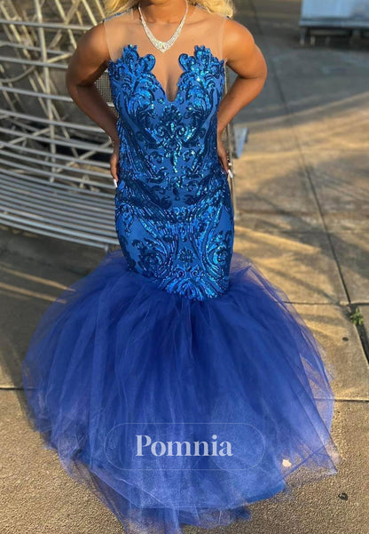 Blue Jay Sweetheart Appliques Mermaid Prom Dress