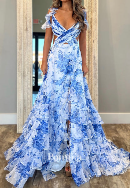Blue Spaghetti Straps V-Neck Ruffles Prom Dress