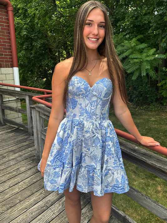 Blue A-line Floral Sweetheart Short Homecoming Dress
