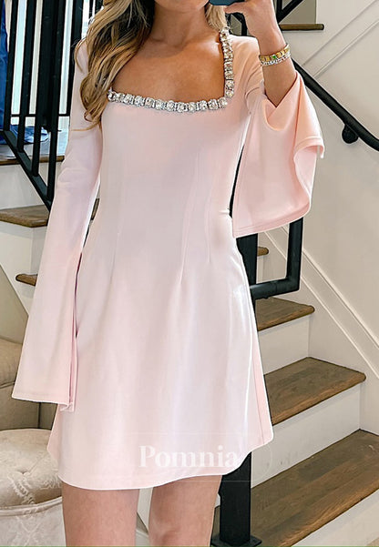 Blushing Pink Long Sleeves Beads Short Homecoming Dress