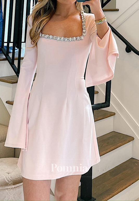 Blushing Pink Long Sleeves Beads Short Homecoming Dress