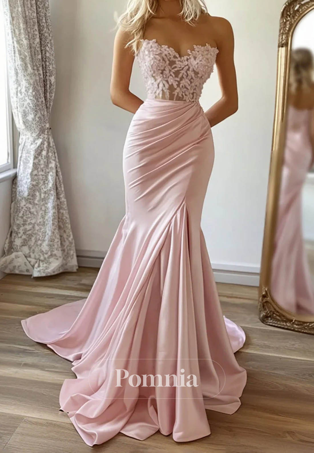 Blushing Pink Lace Appliqué  Strapless Mermaid Prom Dress