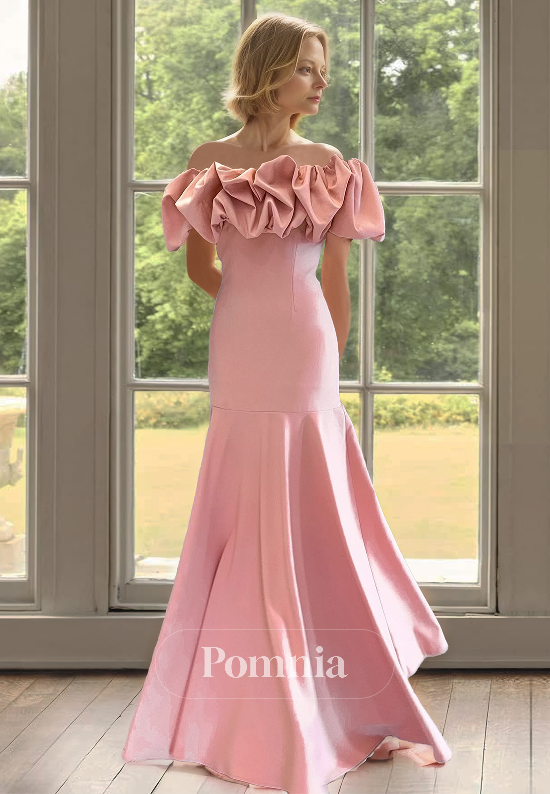 Blushing Pink Off-Shoulder Cap Sleeves Floor-Length Mother of the Bride Dress