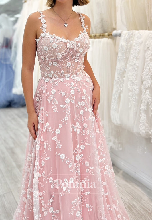 Blushing Pink A-Line Spaghetti Straps Scoop Floral Appliques Prom Dress