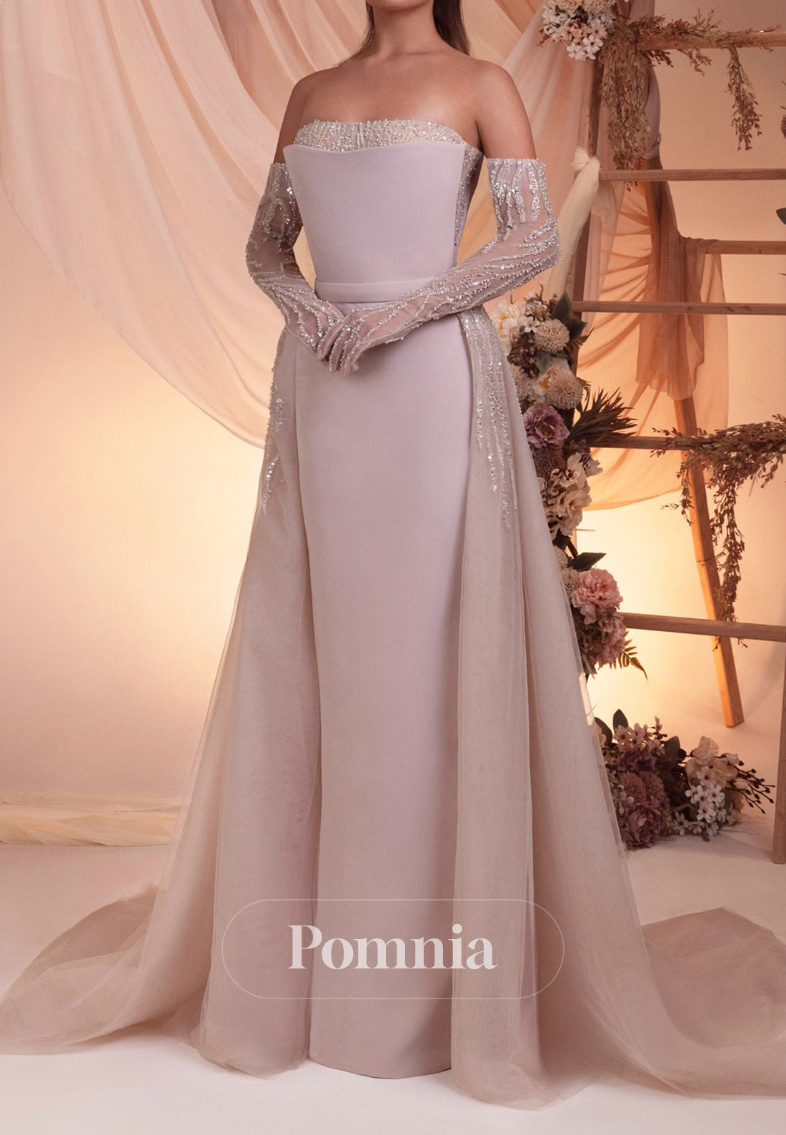 Blushing Pink Half Sleeves Off-Shoulder A-Line Evening Dress