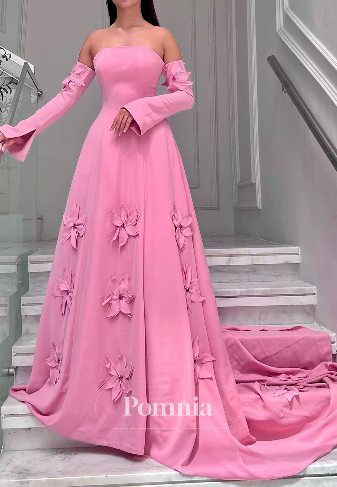 Blushing Pink Half Sleeves Off-Shoulder Floral Appliques  Prom Dress
