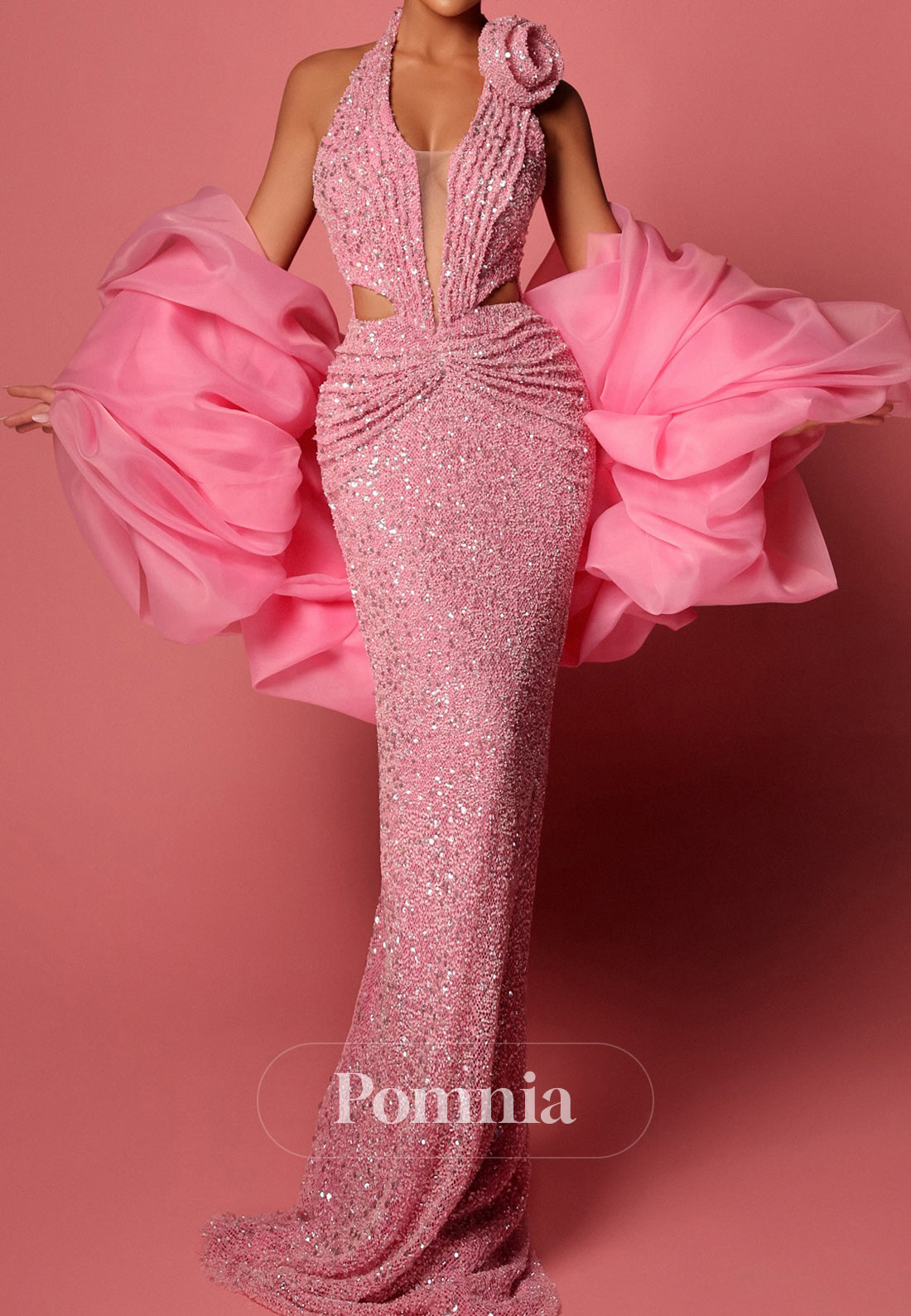 Blushing Pink Halter Sleeveless Sheath Ruched Evening Dress