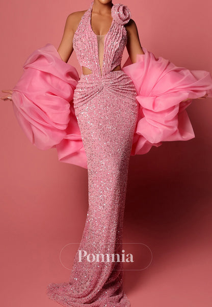 Blushing Pink Halter Sleeveless Sheath Ruched Evening Dress