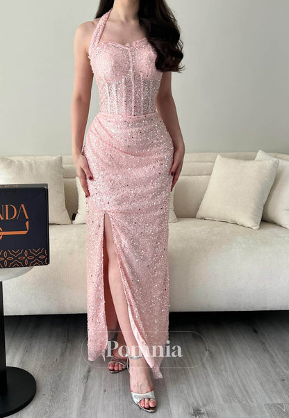 Blushing Pink Halter Sleeveless Strapless Slit Prom Dress