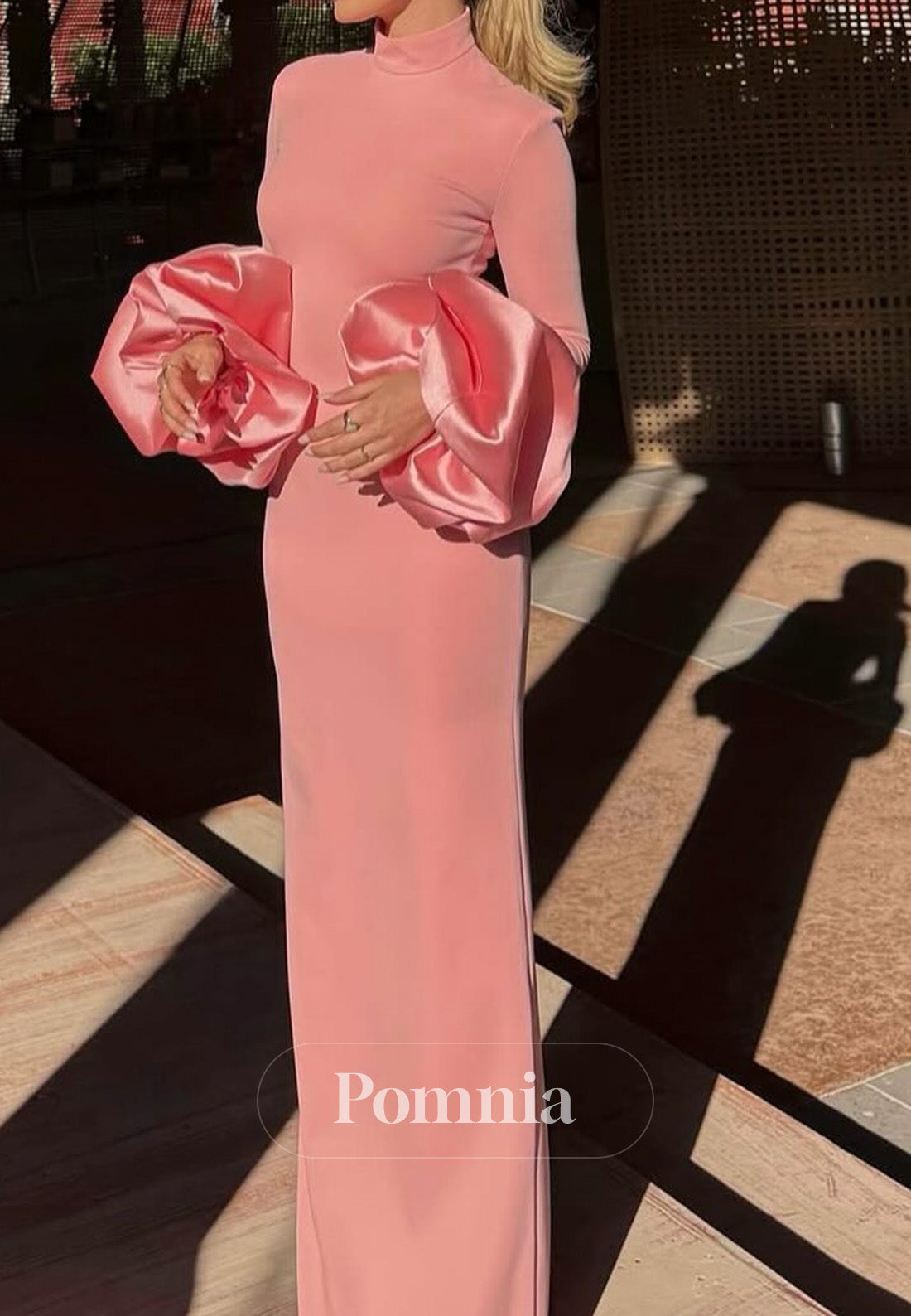 Blushing Pink Long Sleeves High Neck A-Line Satin Evening Dress