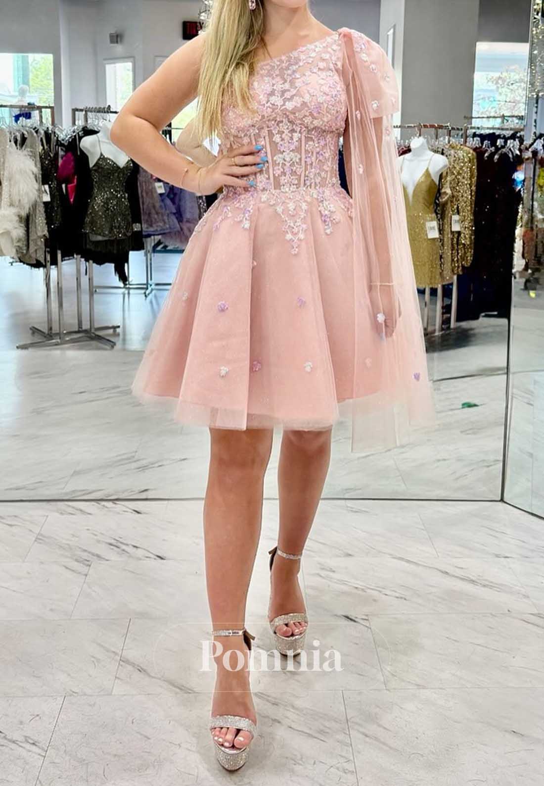Blushing Pink Long Sleeves One SHoulder A-Line Homecoming Dress