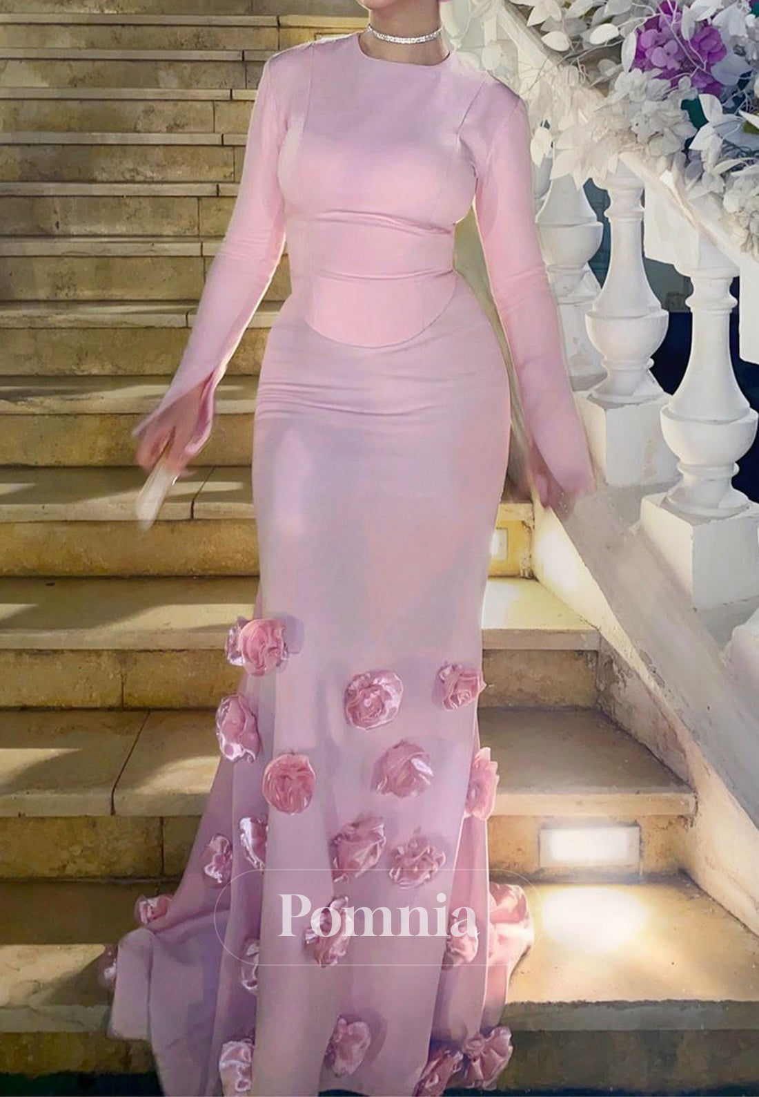 Blushing Pink Long Sleeves Scoop Ruched Appliques Prom Dress