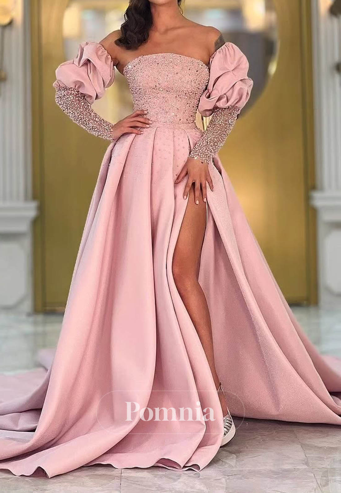 Blushing Pink Long Sleeves Slit Sequins Prom Dress.