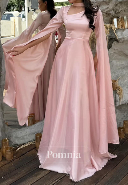 Blushing Pink Long Sleeves Square Empire-Waist Prom Dress