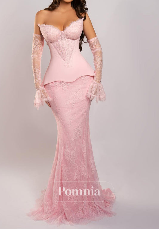Blushing Pink Long Sleeves Sweetheart Mermaid Prom Dress