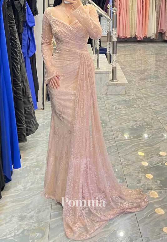 Blushing Pink Long Sleeves Sweetheart Ruched Prom Dress