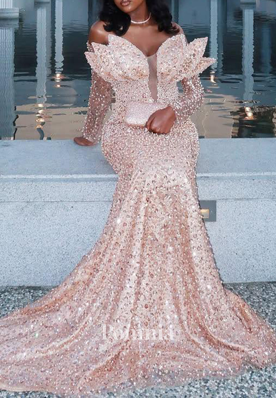 Blushing Pink Long Sleeves Sweetheart Sequins Prom Dress for Black Girl