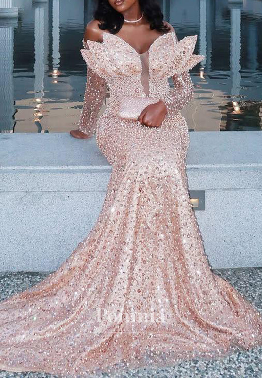 Blushing Pink Long Sleeves Sweetheart Sequins Prom Dress for Black Girl