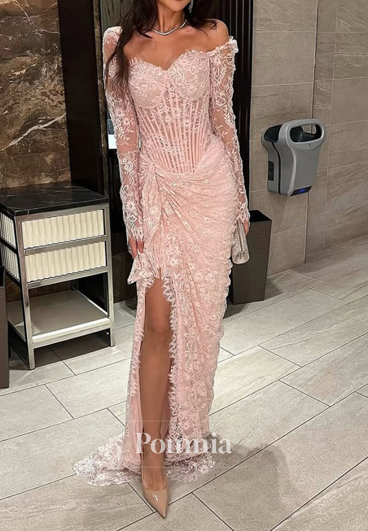 Blushing Pink Long Sleeves Sweetheart Slit Corset Prom Dress