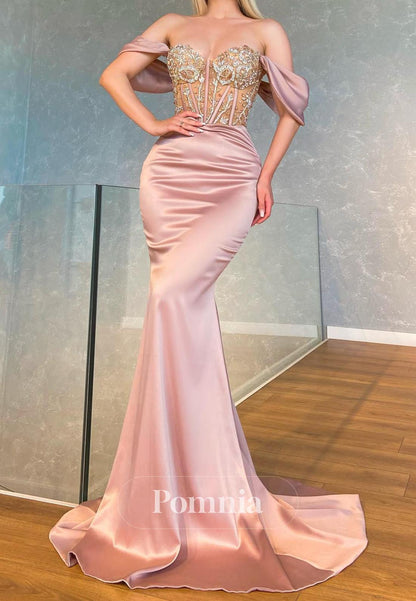 Blushing Pink Off-Shoulder Beads Ruched Evening Dress
