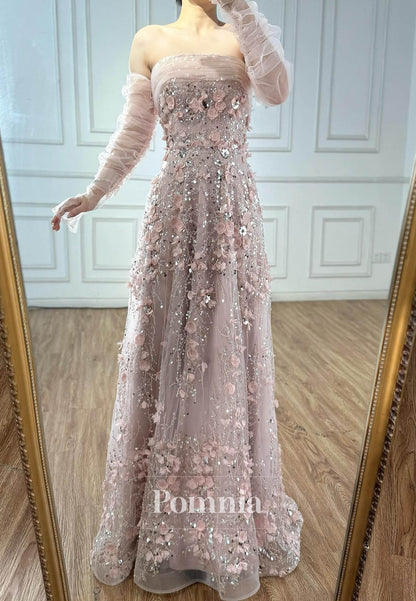 Blushing Pink Off-Shoulder Floral Appliques A-Line Prom Dress