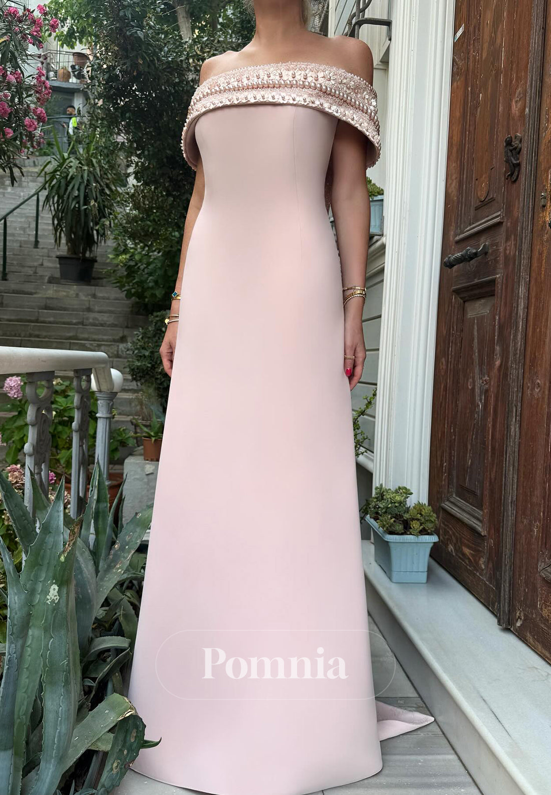 Blushing Pink Off-Shoulder Pearls Satin Evening Dress