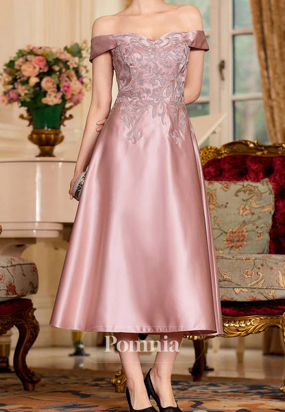 Blushing Pink Off-Shoulder Sleeveless Appliques Mother of the Bride Dress