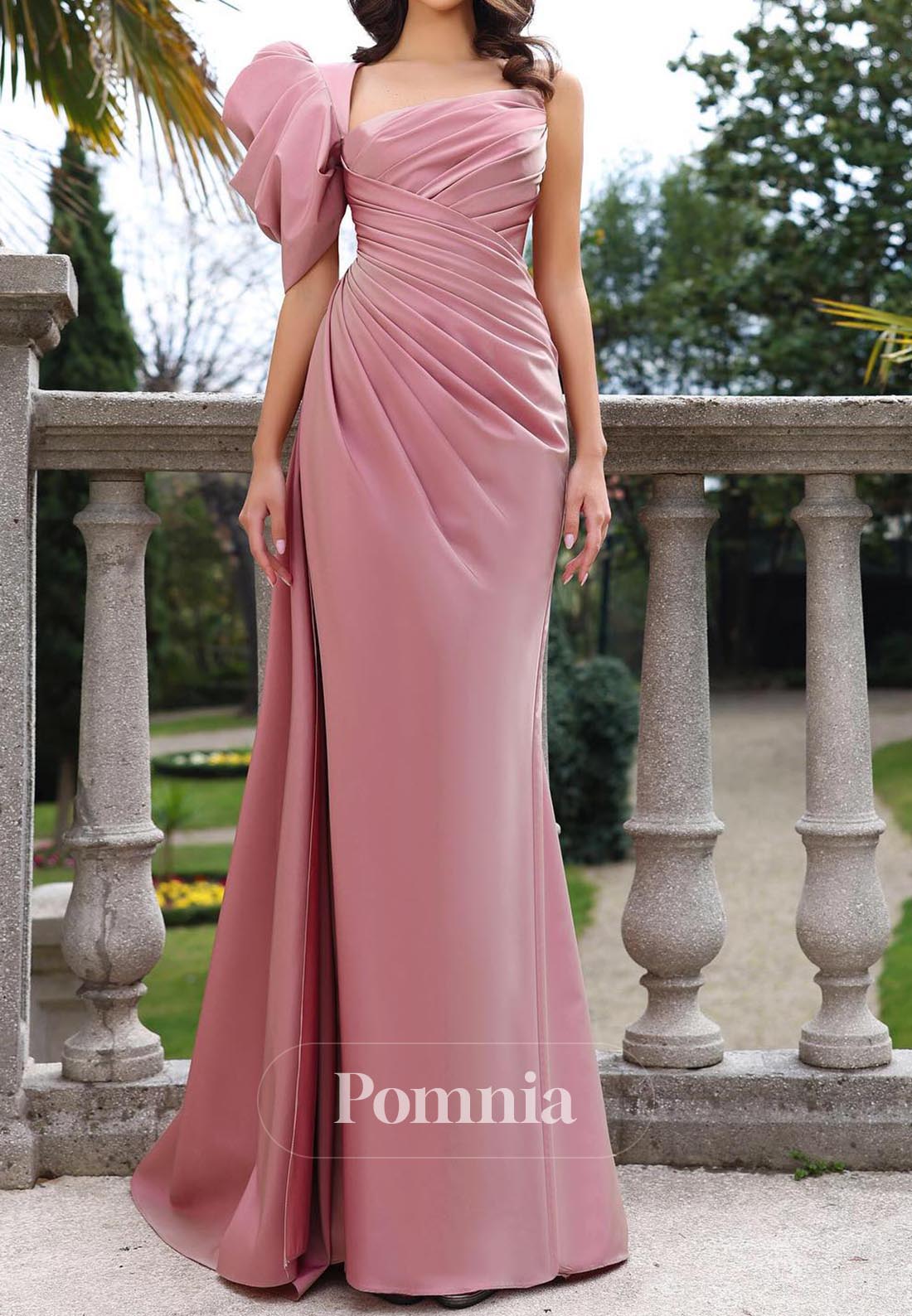 Blushing Pink One Shoulder Short Sleeves Ruched Evening Dress