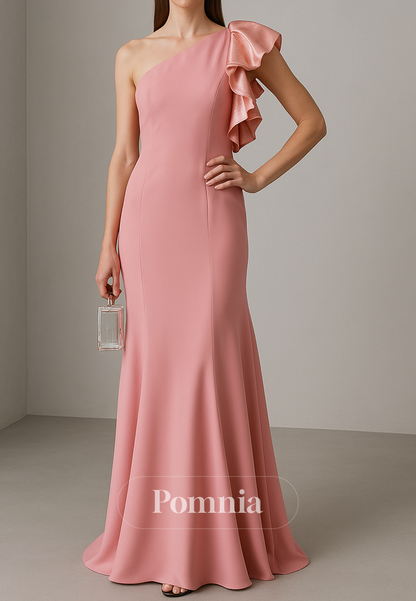 Blushing Pink One Shoulder Sleeveless A-Line Evening Dress