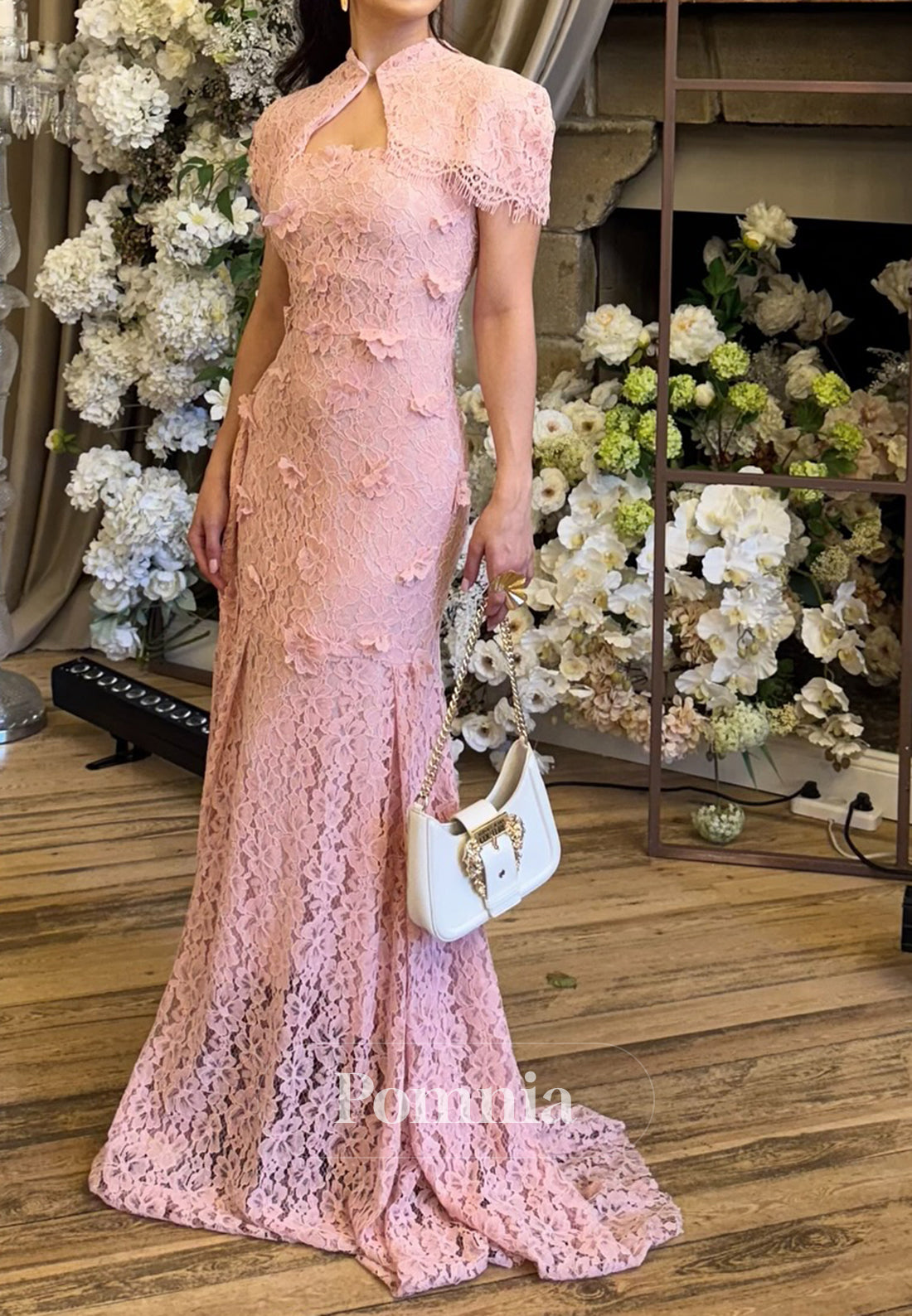 Blushing Pink Short Sleeves Appliques Mermaid Lace Prom Dress