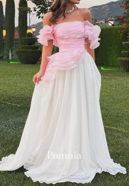 Blushing Pink Short Sleeves Off-Shoulder A-Line Prom Dress