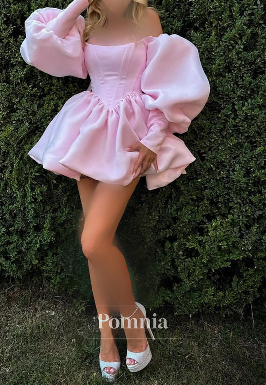 Blushing Pink Short Sleeves Square A-Line Homecoming Dress