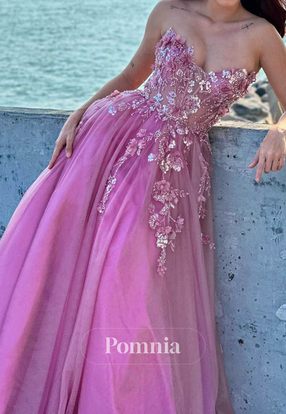Blushing Pink Sleeveless Strapless Appliques A-Line Prom Dress