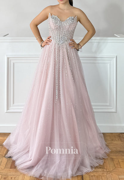 Blushing Pink Sleeveless Strapless Beads Lace Prom Dress