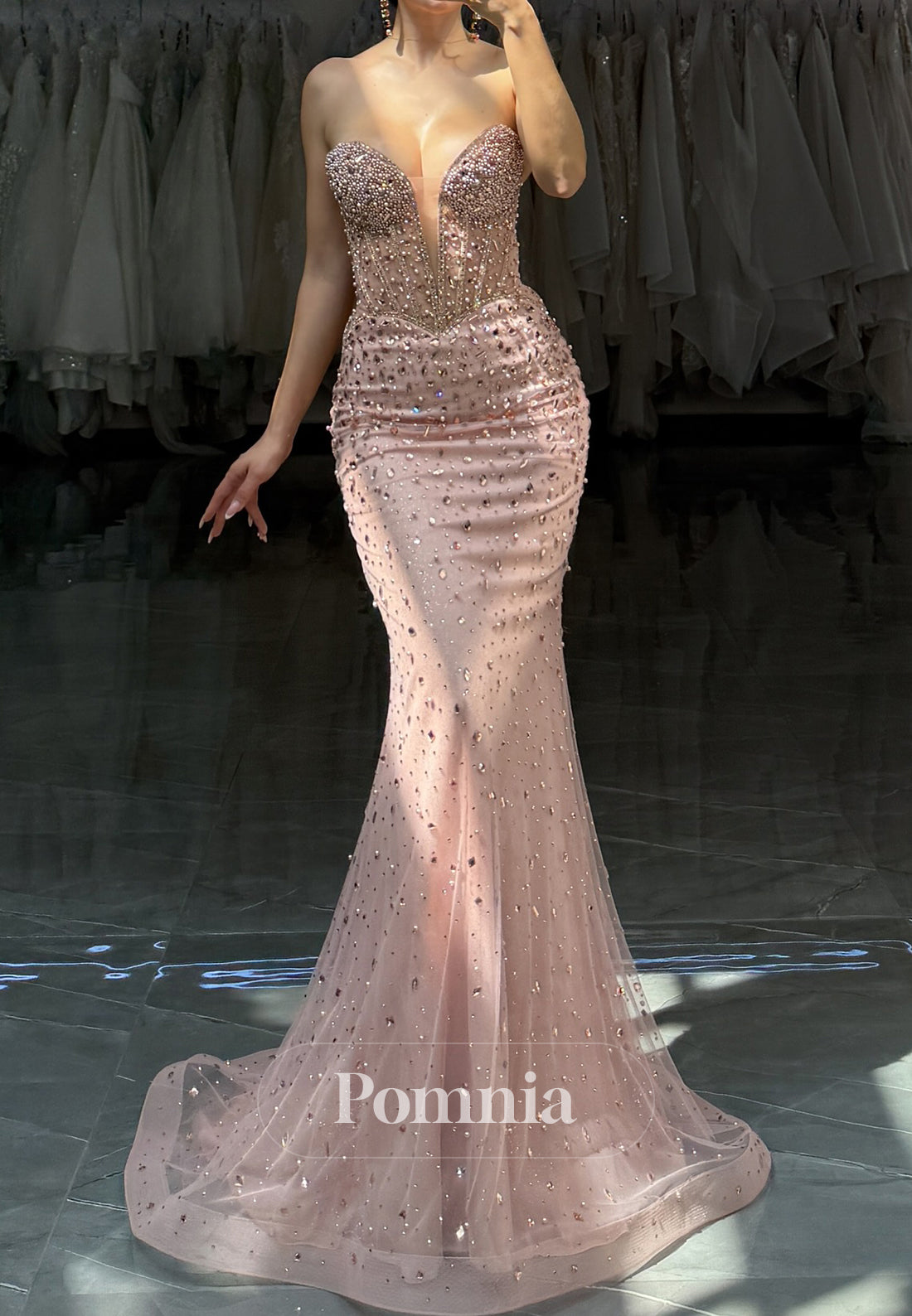 Blushing Pink Sleeveless Strapless Beads Mermaid Evening Dress