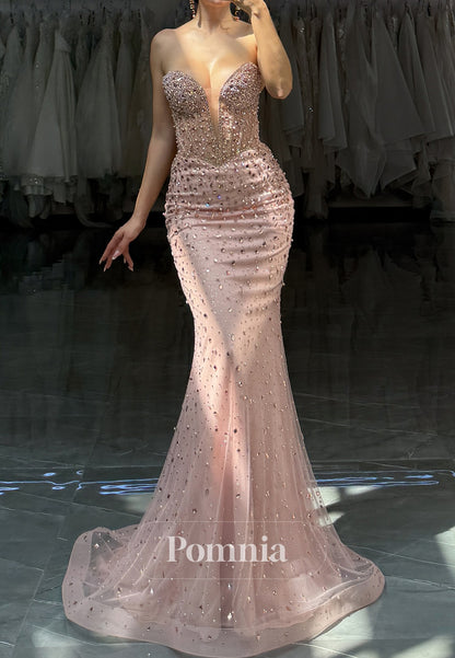 Blushing Pink Sleeveless Strapless Beads Mermaid Evening Dress