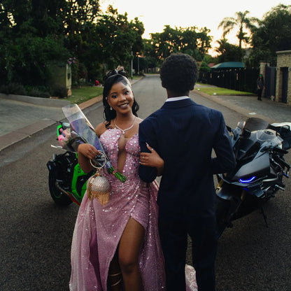 Blushing Pink Sleeveless Strapless Beads Slit Prom Dress