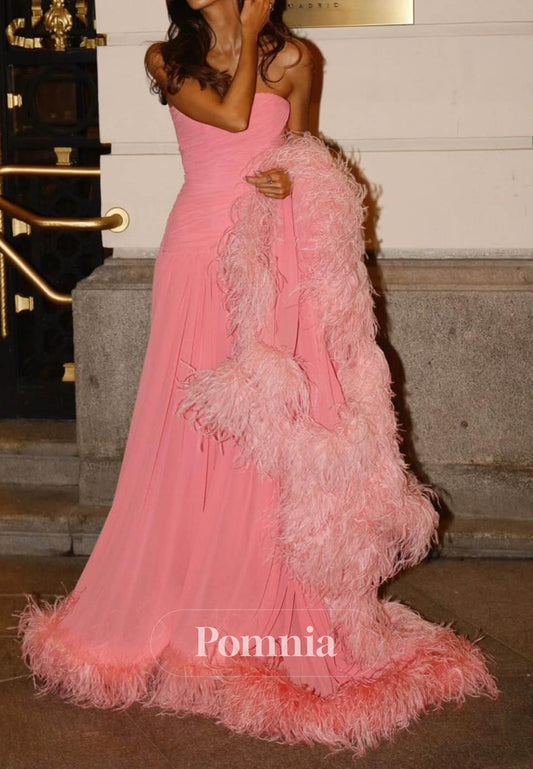 Blushing Pink Sleeveless Strapless Feathers Prom Dress