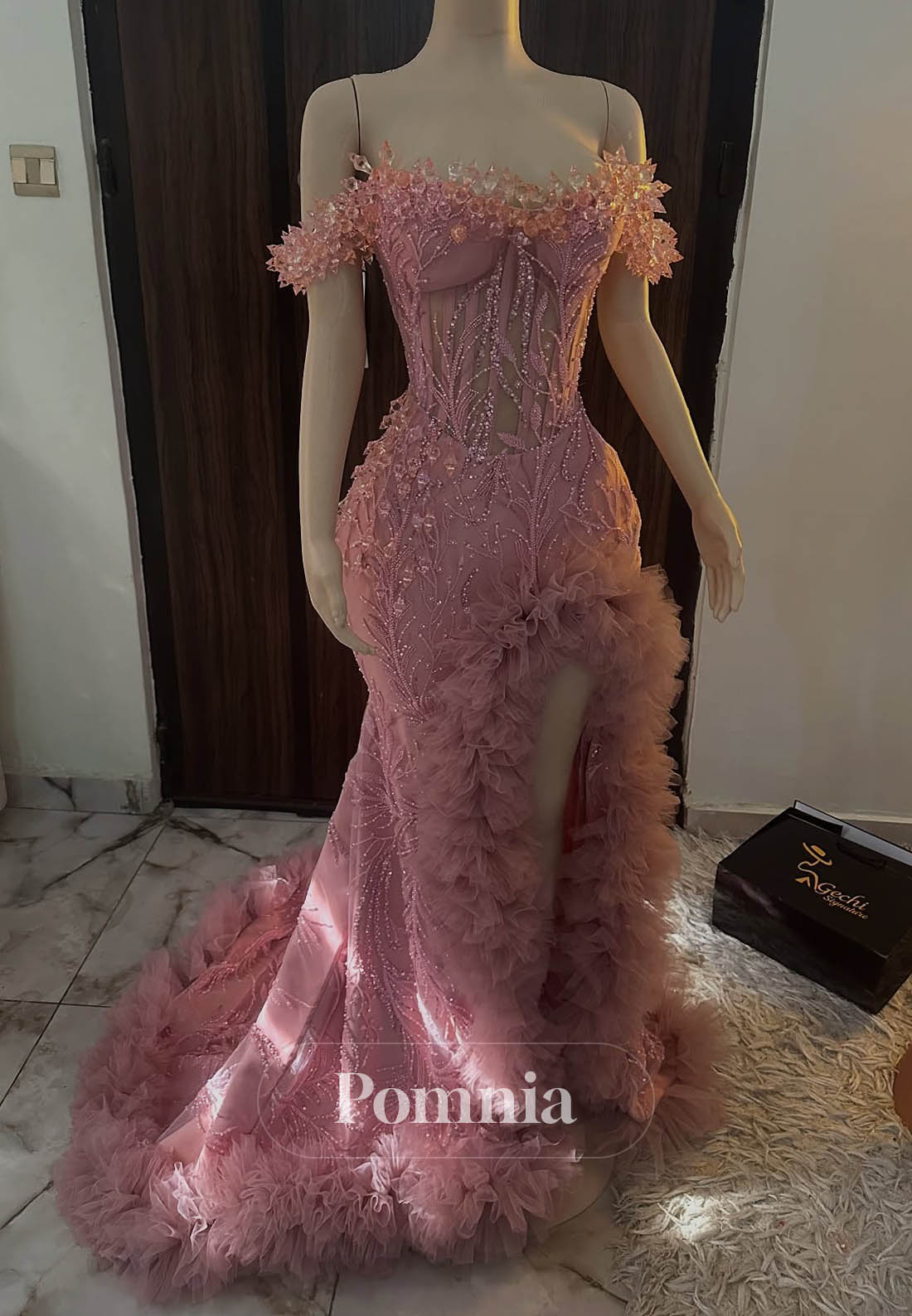 Blushing Pink Sleeveless Strapless Feathers Slit Prom Dress