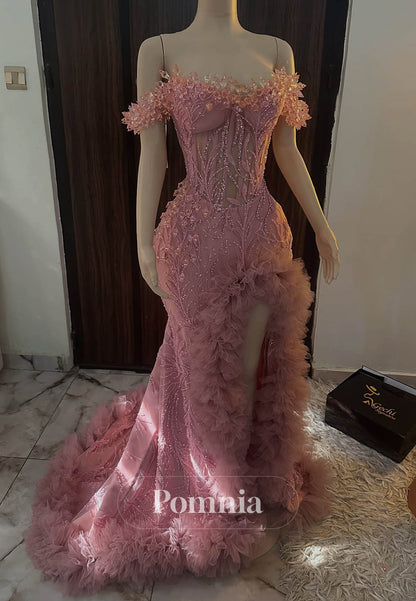 Blushing Pink Sleeveless Strapless Feathers Slit Prom Dress