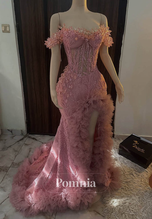 Blushing Pink Sleeveless Strapless Feathers Slit Prom Dress