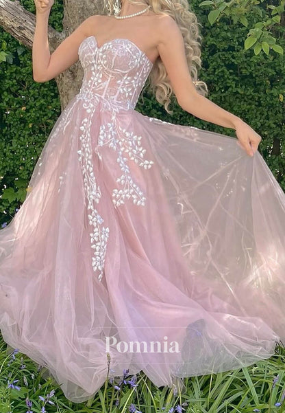 Blushing Pink Sleeveless Strapless Floral Appliques Prom Dress