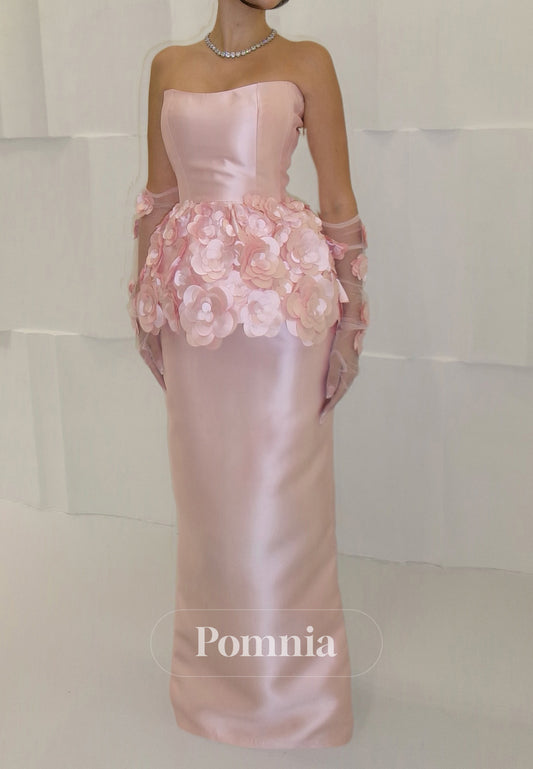 Blushing Pink Sleeveless Strapless Floral Appliques Prom Dress