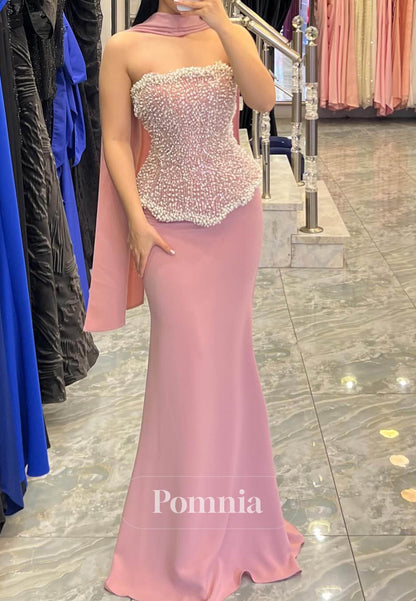 Blushing Pink Sleeveless Strapless Pearls A-Line Prom Dress