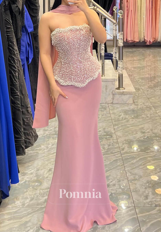 Blushing Pink Sleeveless Strapless Pearls A-Line Prom Dress