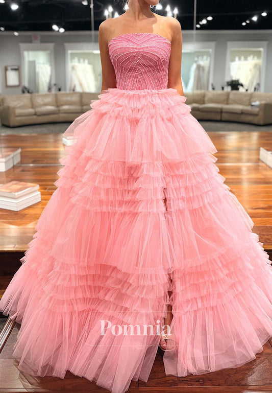 Blushing Pink Sleeveless Strapless Pearls Ruffles Prom Dress