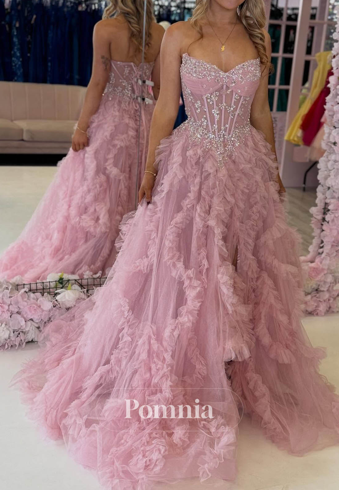 Blushing Pink Sleeveless Strapless Ruffles A-Line Prom Dress