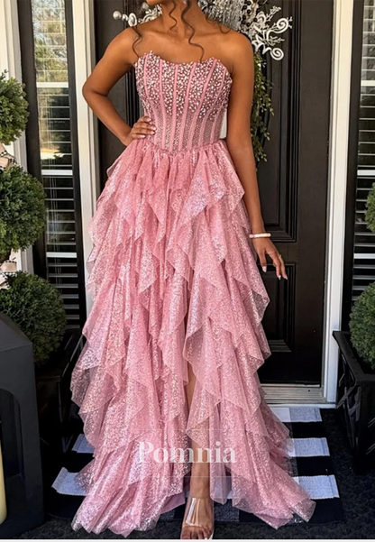 Blushing Pink Sleeveless Strapless Ruffles Prom Dress