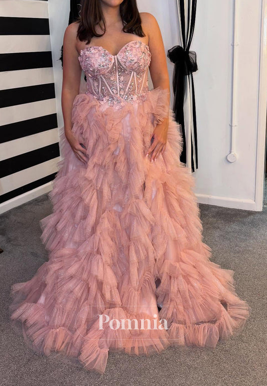 Blushing Pink Sleeveless Strapless Ruffles Sequins Prom Dress