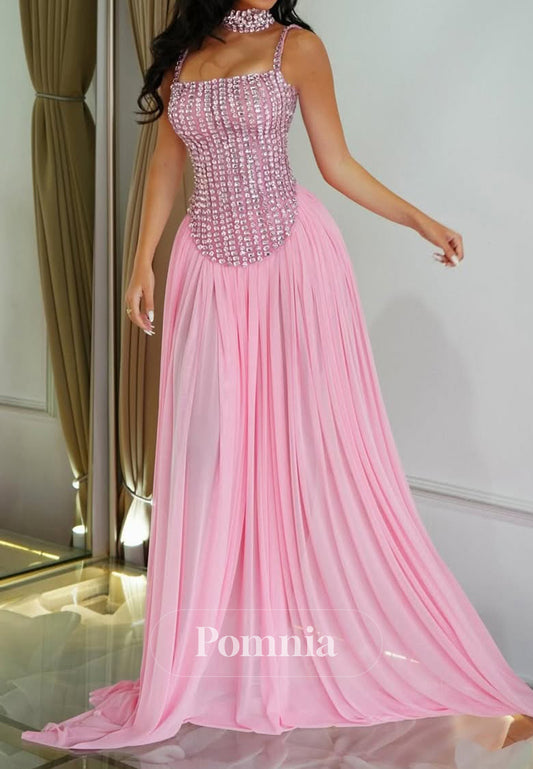 Blushing Pink Sleeveless Strapless Sequins A-Line Prom Dress
